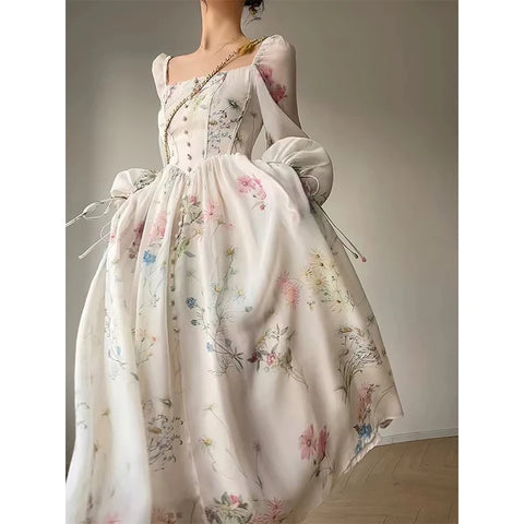 Vintage Floral Midi Dress Women Elegant Party Square Collar Dresses Summer Beach Fairy Korean Long Sleeve Bodycon Vestidos New