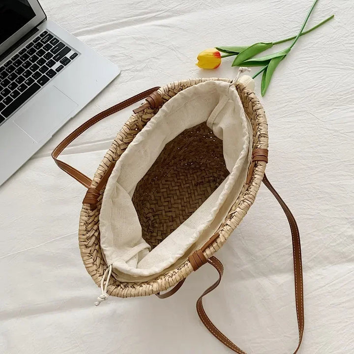 Summer Straw Handbag Boho Beach Shoulder Bag Woven Bucket Shopping Bag Handmade Rattan Bag Lady Top Handle Tote 2 set Handbag