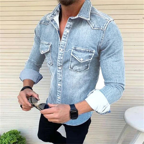 Fashion Men Denim Shirt Casual Slim Fit Button Shirts With Pocket Men Camisa Long Sleeve Turn Down Collar Tops camisa masculina