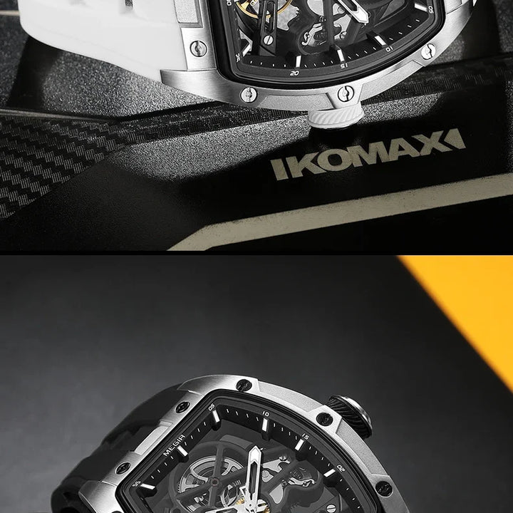MEGIR Men's Automatic Mechanical Watch with Stainless Steel Case Silicone Band Skeleton Dial Waterproof Sport Wristwatch