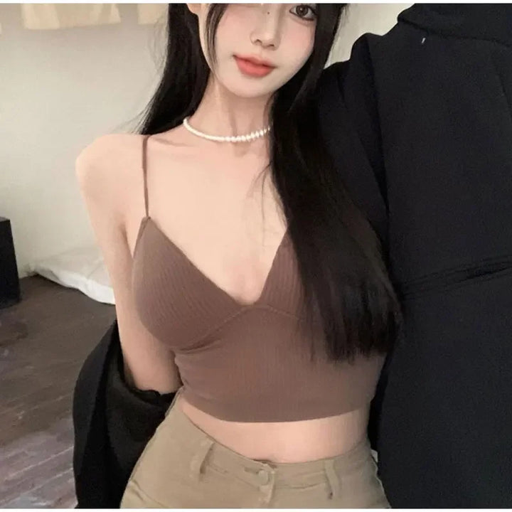 Rib Solid Women Seamless Crop Top Underwear Wire-Free V-Shaped Camisole Thin Straps Bra Bralette Lingerie One-Piece Tube Tops