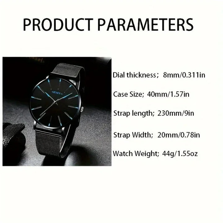 Fashion Men's Quartz Watch Set, Business Casual Timepiece with Beaded Cuff, Alloy Case & Scratch-Resistant Glass