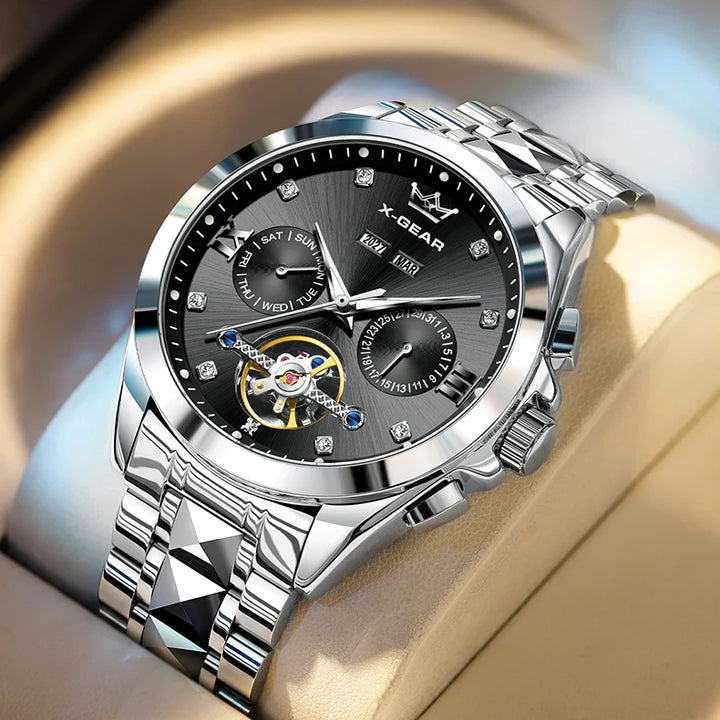 Men's Automatic Mechanical Watch with Tourbillon Waterproof Luminous Stainless Steel Strap Luxury Multi-Functional Timepiece