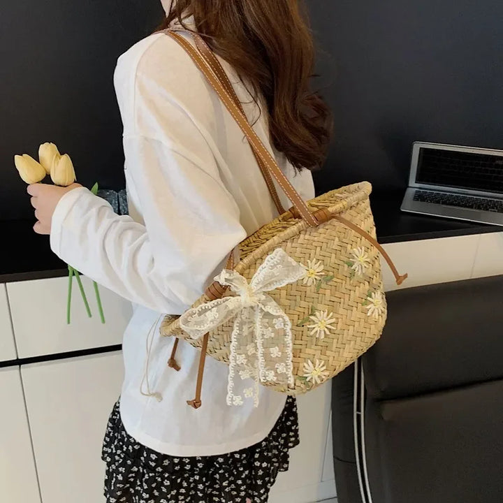 Summer Straw Handbag Boho Beach Shoulder Bag Woven Bucket Shopping Bag Handmade Rattan Bag Lady Top Handle Tote 2 set Handbag