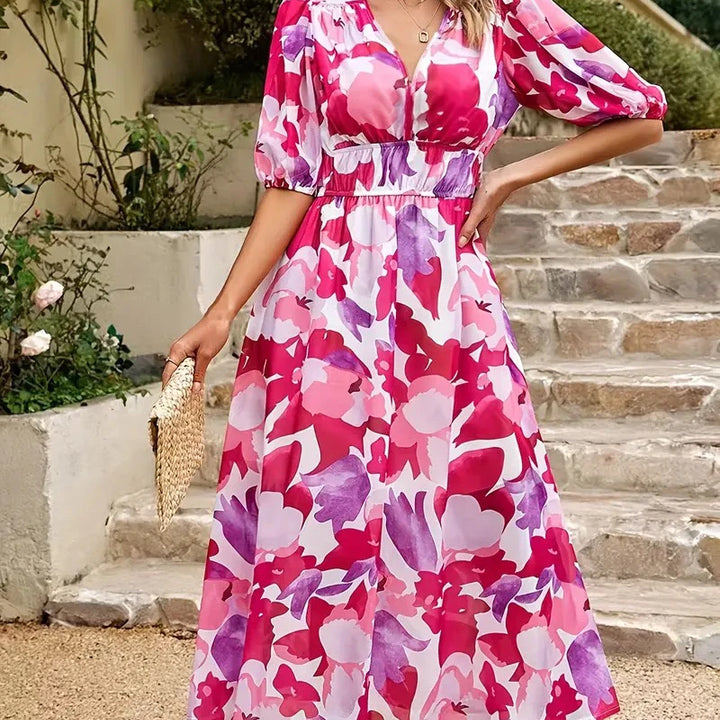 New Boho Floral Print Midi Dress Women Fashion V-neck Short Sleeve Dresses For Women 2025 Summer Casual Holiday Long Dress