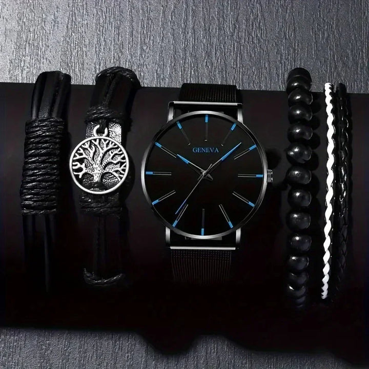 Fashion Men's Quartz Watch Set, Business Casual Timepiece with Beaded Cuff, Alloy Case & Scratch-Resistant Glass