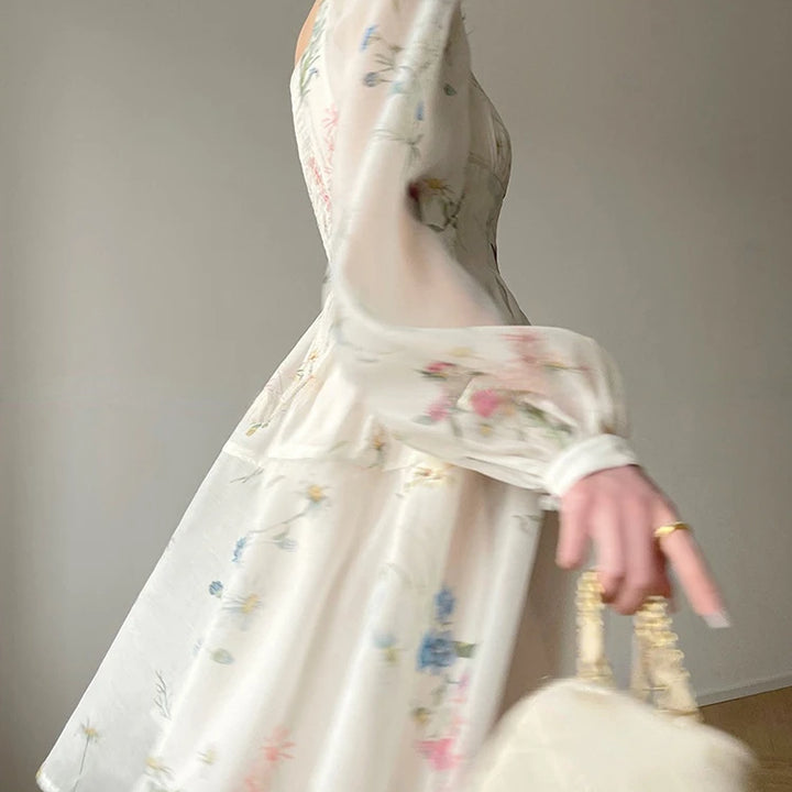 Vintage Floral Midi Dress Women Elegant Party Square Collar Dresses Summer Beach Fairy Korean Long Sleeve Bodycon Vestidos New