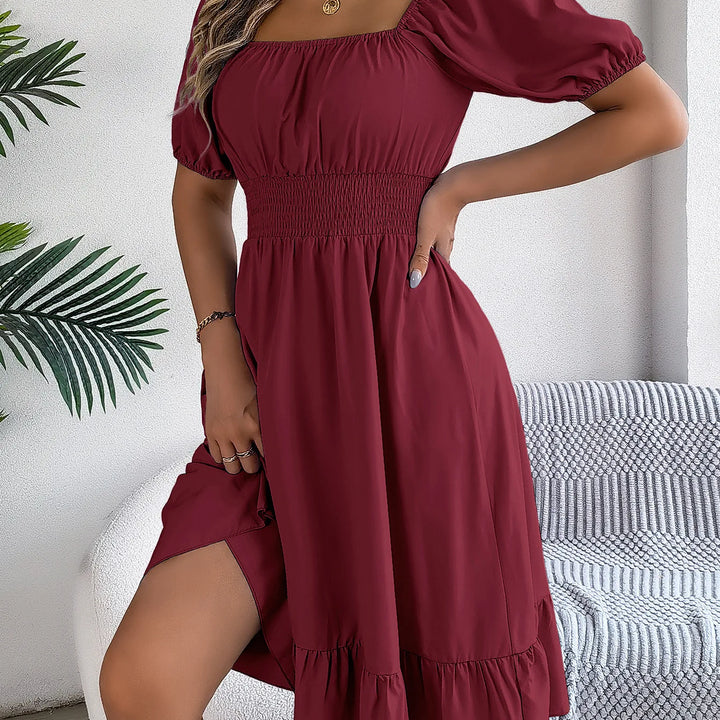 Women's MIidi Dresses 2025 Summer Casual Square Neck Short Sleeved Waist Ruffle Edge Dress Dress Women Elegant Платья Женские