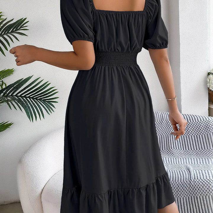 Women's MIidi Dresses 2025 Summer Casual Square Neck Short Sleeved Waist Ruffle Edge Dress Dress Women Elegant Платья Женские