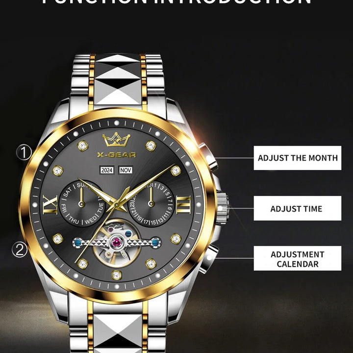 Men's Automatic Mechanical Watch with Tourbillon Waterproof Luminous Stainless Steel Strap Luxury Multi-Functional Timepiece