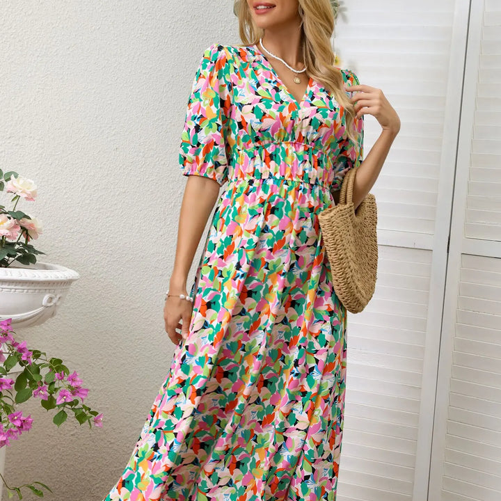 New Boho Floral Print Midi Dress Women Fashion V-neck Short Sleeve Dresses For Women 2025 Summer Casual Holiday Long Dress