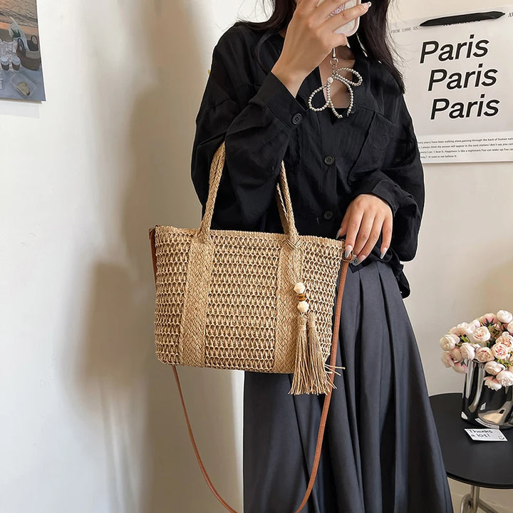 Summer Straw Bag Women Large Capacity  Shoulder Messenger Bags Handmade Woven Handbag Bohemia Vacation Rattan Beach Purse 2024