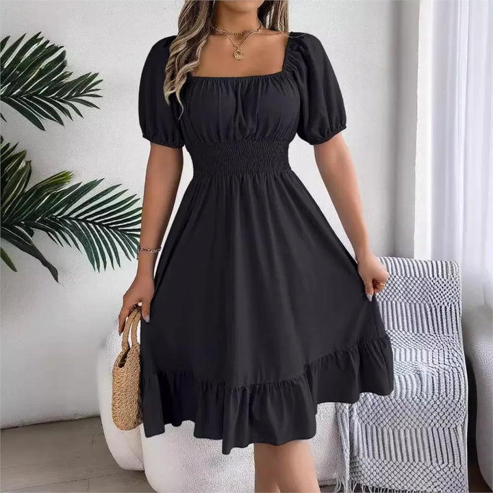 Women's MIidi Dresses 2025 Summer Casual Square Neck Short Sleeved Waist Ruffle Edge Dress Dress Women Elegant Платья Женские