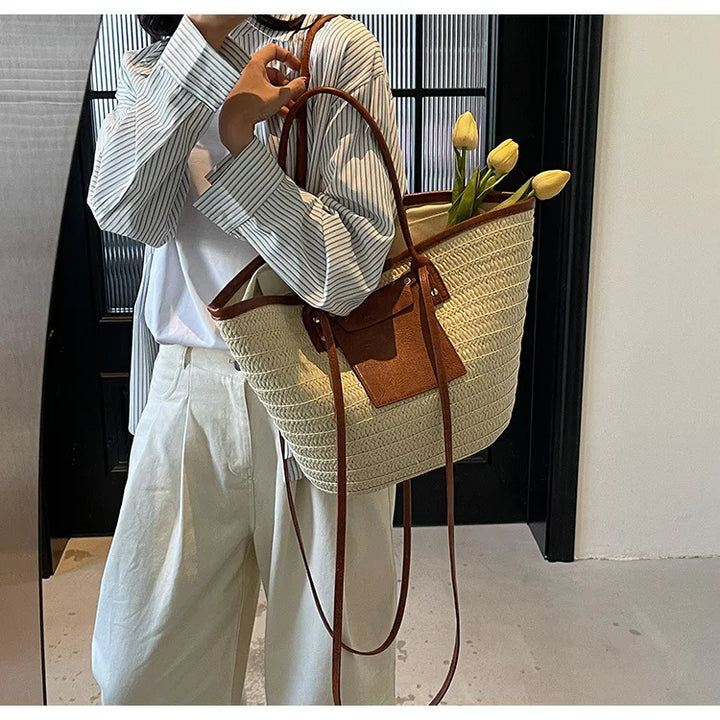 Summer Straw Shoulder Bag Women Hanabags Fashion Woven Crossbody Bags Large Capacity Totes 4 Shoulder Strap Travel Beach Bags