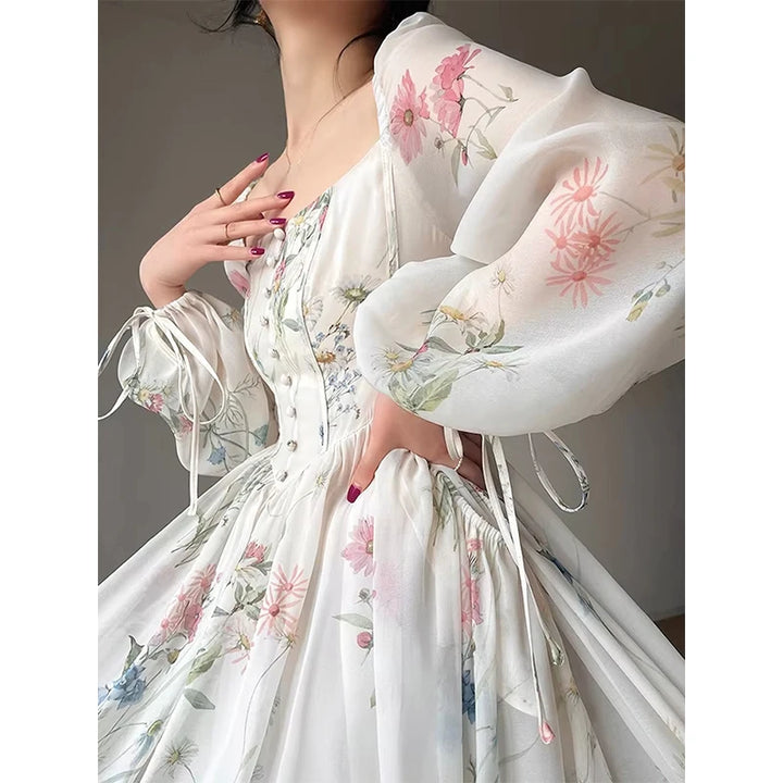 Vintage Floral Midi Dress Women Elegant Party Square Collar Dresses Summer Beach Fairy Korean Long Sleeve Bodycon Vestidos New