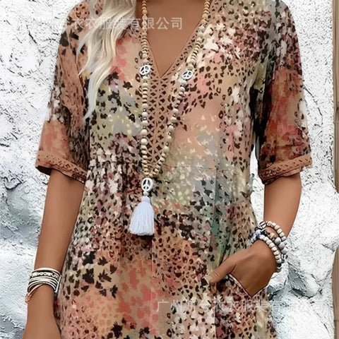 Vintage Midi Dresses For Women 2025 Boho Style Floral Print Loose Long Dress Casual Short Sleeve V-Neck Dress Robe Femme