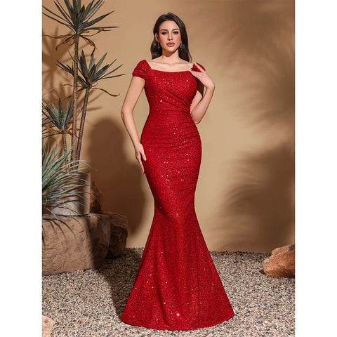 Simple and elegant square neck sequined hip party dress skirt, elegant and chic dress