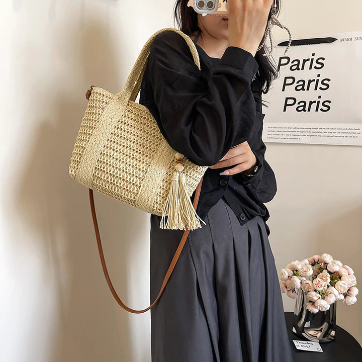 Summer Straw Bag Women Large Capacity  Shoulder Messenger Bags Handmade Woven Handbag Bohemia Vacation Rattan Beach Purse 2024