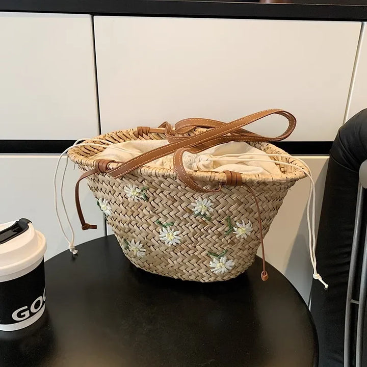 Summer Straw Handbag Boho Beach Shoulder Bag Woven Bucket Shopping Bag Handmade Rattan Bag Lady Top Handle Tote 2 set Handbag