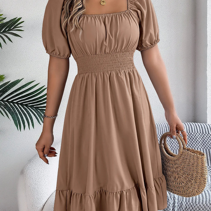 Women's MIidi Dresses 2025 Summer Casual Square Neck Short Sleeved Waist Ruffle Edge Dress Dress Women Elegant Платья Женские