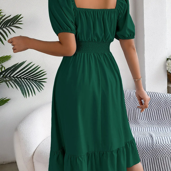 Women's MIidi Dresses 2025 Summer Casual Square Neck Short Sleeved Waist Ruffle Edge Dress Dress Women Elegant Платья Женские