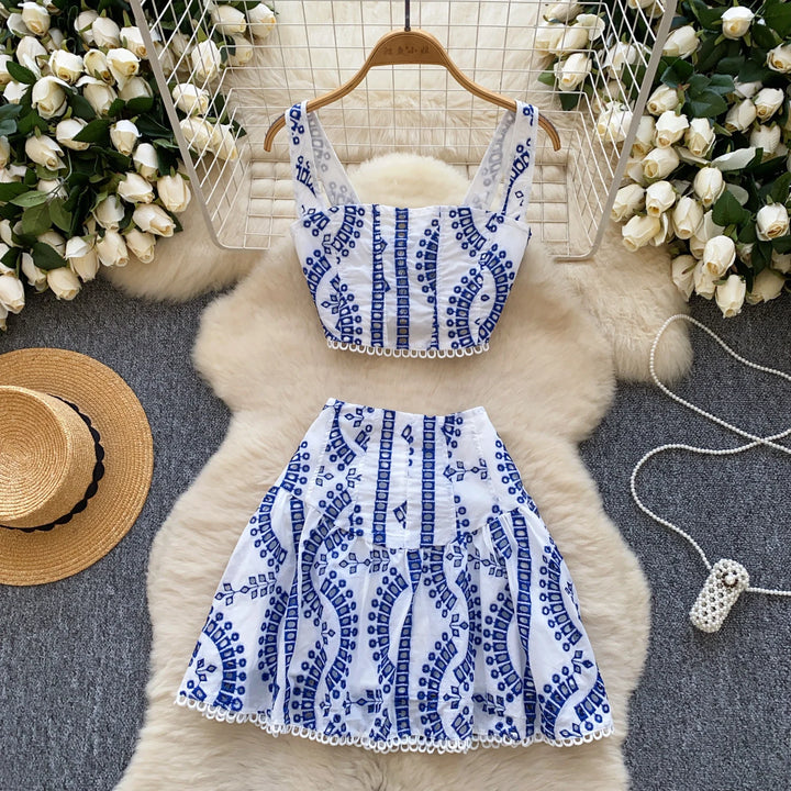 Holliday Midi Dress White Two Piece Sets Women Summer Crop Tops Short Skirts Suits Embroidery Hollow Out Beach Cotton Vestidos