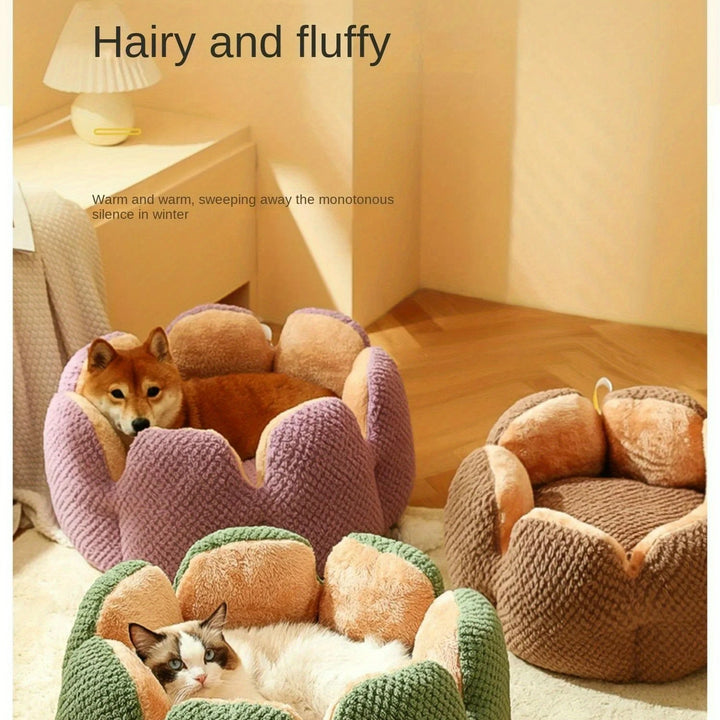 Petal Shaped Pet Bed, Plush Round Dog & Cat Cushion Mat with Knitted Texture, Ultra Soft Warm Nest for Kittens Puppies in Winter