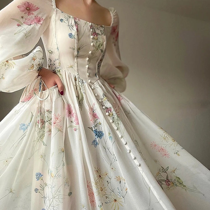 Vintage Floral Midi Dress Women Elegant Party Square Collar Dresses Summer Beach Fairy Korean Long Sleeve Bodycon Vestidos New