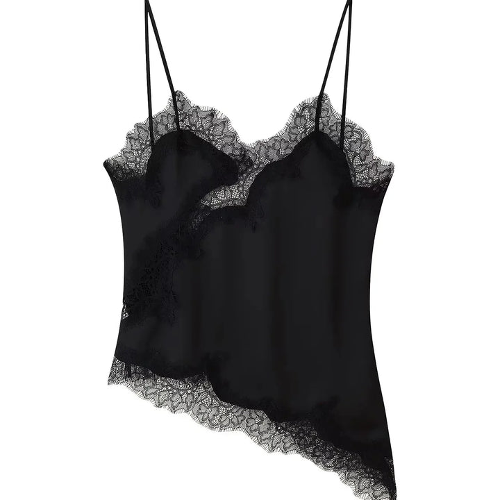 Women's Chic V-neck Lace Spliced Slim Top Sleeveless Backless Hollow out Asymmetrical Hem Sexy Sling Top