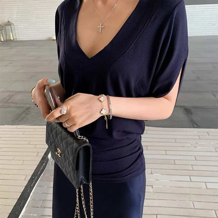 Ribbed Tops Loose V-neck Short Sleeve T-shirt for Woman Summer New Simple Basic Top Design Bat Sleeve T-shirt Casual Y2k Clothes