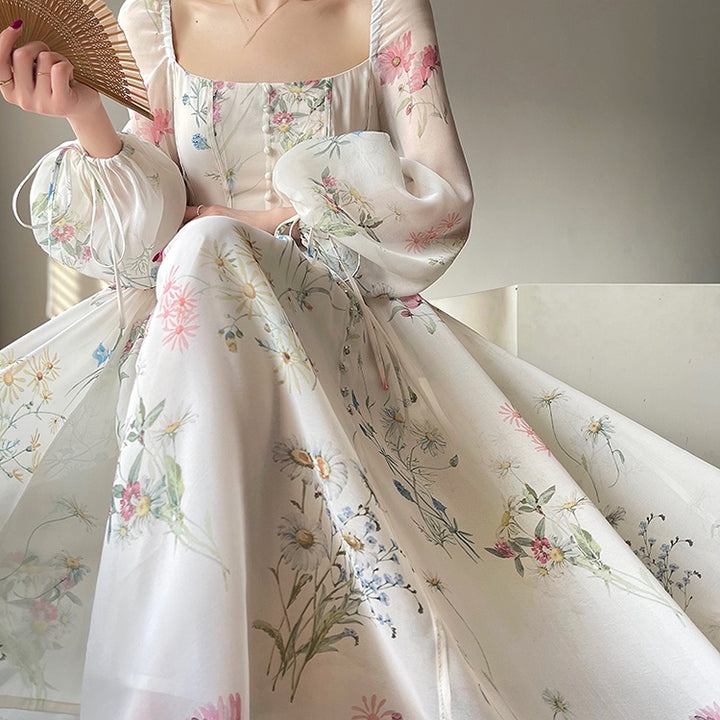 Vintage Floral Midi Dress Women Elegant Party Square Collar Dresses Summer Beach Fairy Korean Long Sleeve Bodycon Vestidos New