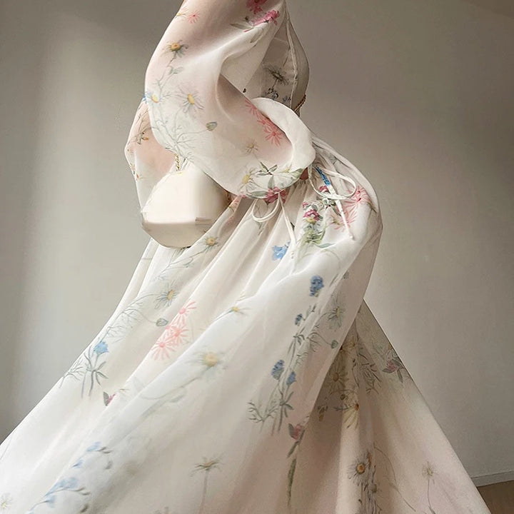 Vintage Floral Midi Dress Women Elegant Party Square Collar Dresses Summer Beach Fairy Korean Long Sleeve Bodycon Vestidos New