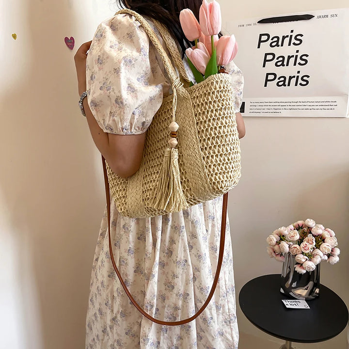 Summer Straw Bag Women Large Capacity  Shoulder Messenger Bags Handmade Woven Handbag Bohemia Vacation Rattan Beach Purse 2024