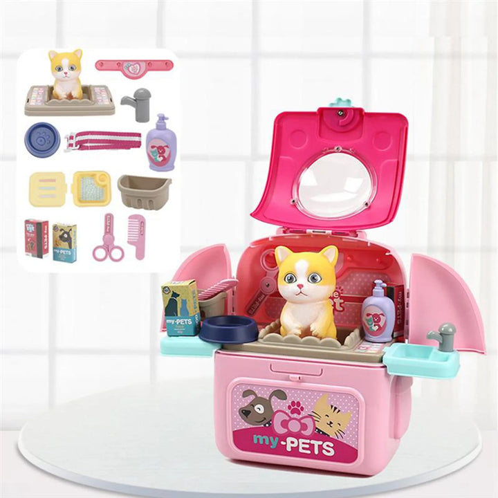 ASDS-Animals Cartoon Pet Toys Realistic Pet Vet Backpack Pretend Play Toy Veterinarian Kit Cat Dog Care Play Set