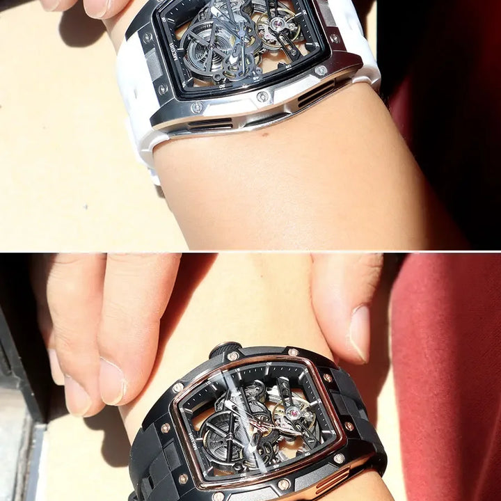 MEGIR Men's Automatic Mechanical Watch with Stainless Steel Case Silicone Band Skeleton Dial Waterproof Sport Wristwatch