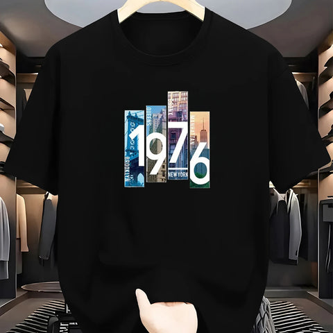 Men's Fashion T-Shirt 1976 Print Trendy Street Sport Top Casual Comfortable Men'swear for Youth