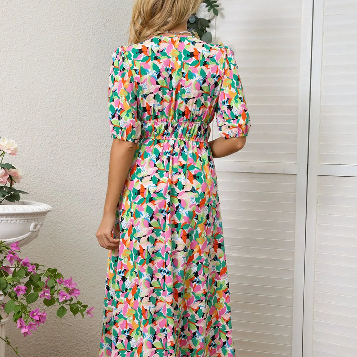 New Boho Floral Print Midi Dress Women Fashion V-neck Short Sleeve Dresses For Women 2025 Summer Casual Holiday Long Dress