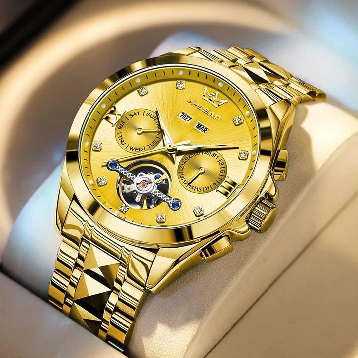 Men's Automatic Mechanical Watch with Tourbillon Waterproof Luminous Stainless Steel Strap Luxury Multi-Functional Timepiece