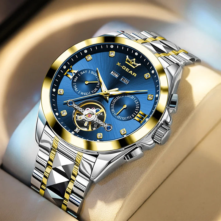 Men's Automatic Mechanical Watch with Tourbillon Waterproof Luminous Stainless Steel Strap Luxury Multi-Functional Timepiece