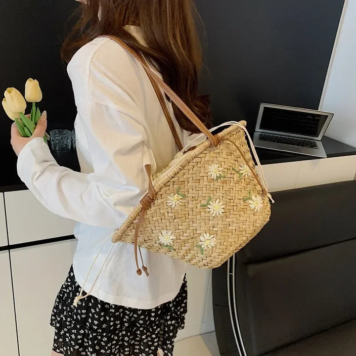 Summer Straw Handbag Boho Beach Shoulder Bag Woven Bucket Shopping Bag Handmade Rattan Bag Lady Top Handle Tote 2 set Handbag