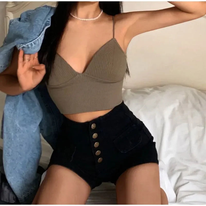 Rib Solid Women Seamless Crop Top Underwear Wire-Free V-Shaped Camisole Thin Straps Bra Bralette Lingerie One-Piece Tube Tops