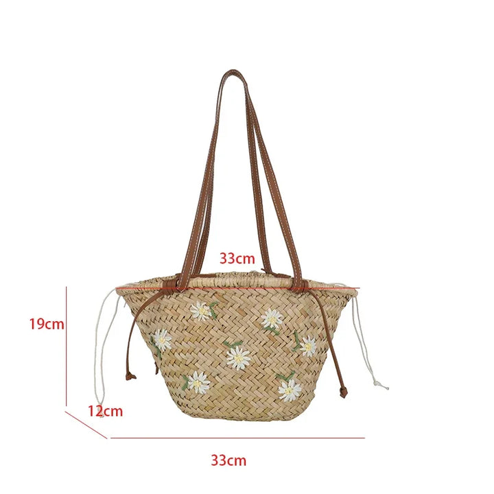 Summer Straw Handbag Boho Beach Shoulder Bag Woven Bucket Shopping Bag Handmade Rattan Bag Lady Top Handle Tote 2 set Handbag