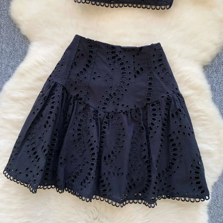 Holliday Midi Dress White Two Piece Sets Women Summer Crop Tops Short Skirts Suits Embroidery Hollow Out Beach Cotton Vestidos