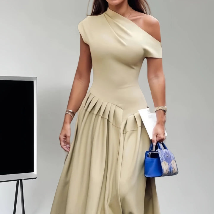 Elegant Pleated Midi Dress for Women Fashion Street Short Sleeve Patchwork Long Dress Casual Office Lady Irregular Neck Vestidos
