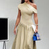 Elegant Pleated Midi Dress for Women Fashion Street Short Sleeve Patchwork Long Dress Casual Office Lady Irregular Neck Vestidos