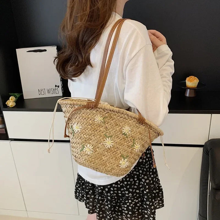 Summer Straw Handbag Boho Beach Shoulder Bag Woven Bucket Shopping Bag Handmade Rattan Bag Lady Top Handle Tote 2 set Handbag