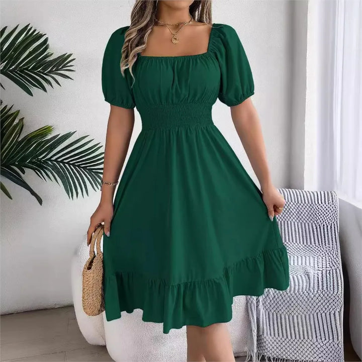 Women's MIidi Dresses 2025 Summer Casual Square Neck Short Sleeved Waist Ruffle Edge Dress Dress Women Elegant Платья Женские