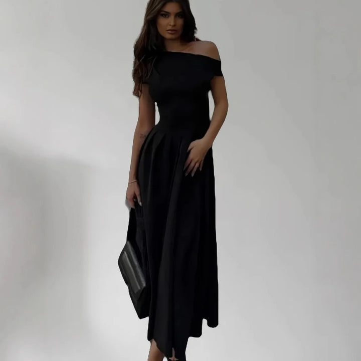 Elegant Pleated Midi Dress for Women Fashion Street Short Sleeve Patchwork Long Dress Casual Office Lady Irregular Neck Vestidos