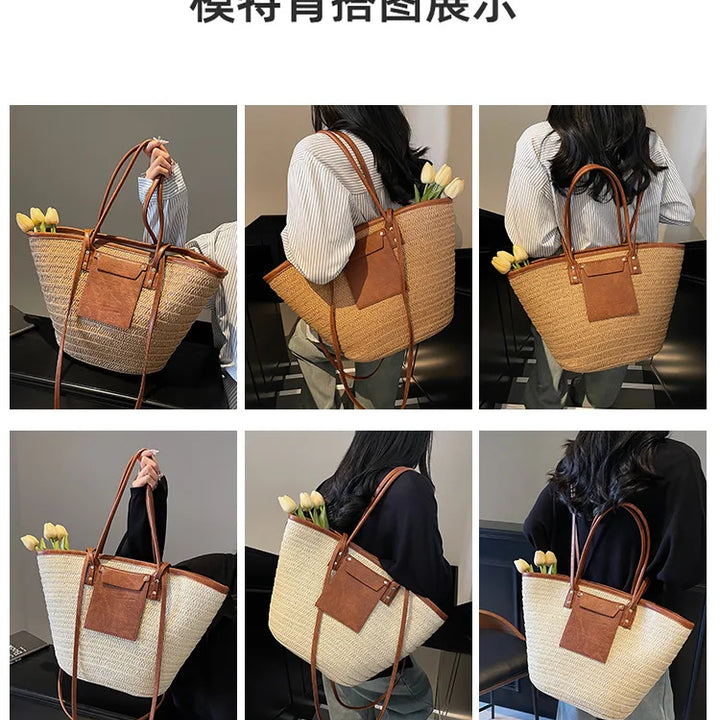 Summer Straw Shoulder Bag Women Hanabags Fashion Woven Crossbody Bags Large Capacity Totes 4 Shoulder Strap Travel Beach Bags