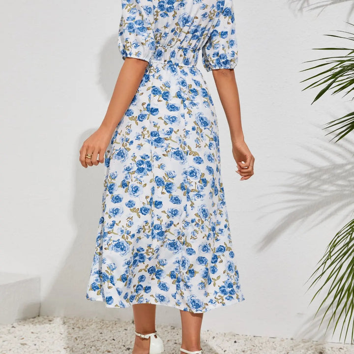 New Boho Floral Print Midi Dress Women Fashion V-neck Short Sleeve Dresses For Women 2025 Summer Casual Holiday Long Dress